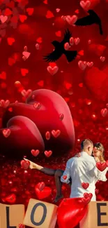 Romantic wallpaper with couple, hearts, and red background.