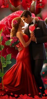 Romantic couple surrounded by red roses and hearts in a passionate embrace.