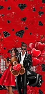 Stylish couple with red love themed background.