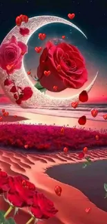 Romantic crescent moon with red roses and beach sunset.