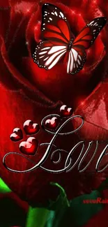 Red rose with a butterfly and 'Love' text on mobile wallpaper.