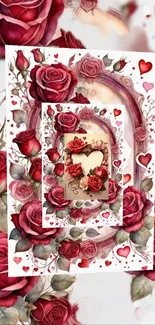 Romantic red roses and hearts mobile wallpaper.