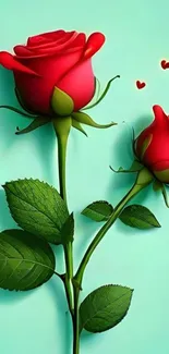 Two red roses on teal background with heart accents.
