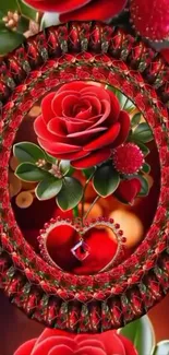 Intricate red rose heart design wallpaper with floral accents.