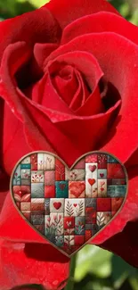 Red rose with a patchwork heart design mobile wallpaper.