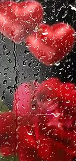 Romantic red roses with heart shapes and raindrops on a dark background.