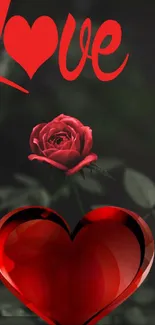 Romantic wallpaper featuring a red rose and heart symbol on a dark background.