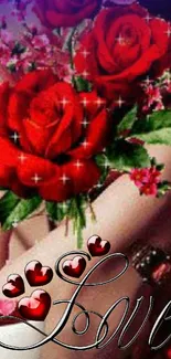 Romantic red roses with love text and hearts on a mobile wallpaper.