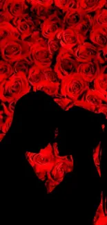 Romantic silhouette against red roses wallpaper for mobile phones.