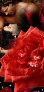 Romantic wallpaper with red rose and couple in love.