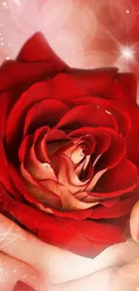 Romantic red rose in hands wallpaper.