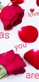 Romantic red rose petals with love message on white background.