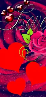 Romantic red rose with heart decorations and elegant typography.