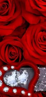 Red roses with diamond hearts mobile wallpaper.