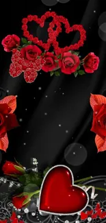 Romantic design with red roses and hearts on a black background.