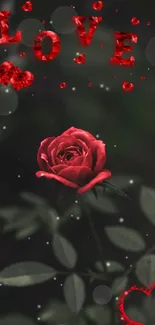 Mobile wallpaper featuring a red rose and love-themed design with heart accents.