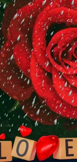 Romantic red rose with raindrops and love message in vivid color.