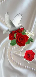 Romantic dove with red roses on silky white background.