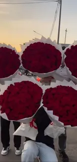 Bouquets of red roses held outdoors during sunset.