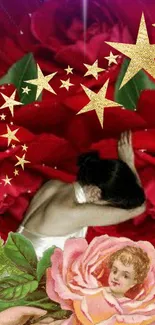 Romantic wallpaper with red roses and golden stars.