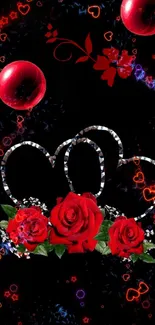 Romantic wallpaper with red roses and heart designs on black.