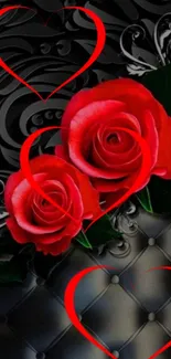 Romantic mobile wallpaper with red roses and heart patterns on black background.