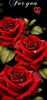 Three romantic red roses with hearts on black background.