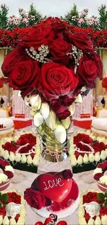 Romantic wallpaper with red roses and wedding decor.