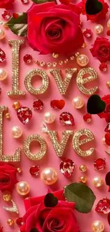 Romantic pink wallpaper with red roses and gold 'Love' letters.