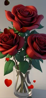 Elegant bouquet of red roses in a vase with heart shapes and leaves.