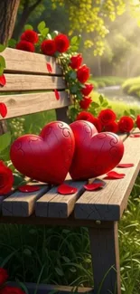 Romantic red roses and hearts on a bench under sunlight.