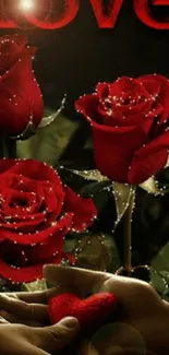 Romantic wallpaper with red roses, heart, and love text.