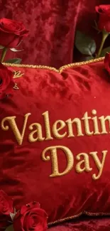 Red velvet Valentine’s Day cushion with roses.