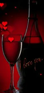 Romantic red wine wallpaper with glowing hearts.