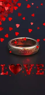 Gold ring surrounded by red hearts with 'Love' text on dark background.