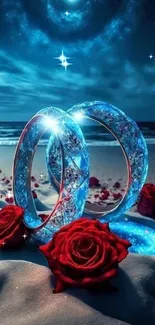 Romantic mobile wallpaper with rings, roses, and starry beach night.