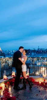 Romantic couple on a Paris rooftop with Eiffel Tower view.