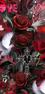 Romantic wallpaper with roses, doves, and hearts on a dark background.