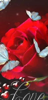 A vibrant red rose with blue butterflies on a mobile wallpaper.