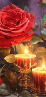 A red rose with candles and leaves in a warm, romantic setting.