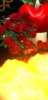 Red roses with glowing candle and heart flame wallpaper.