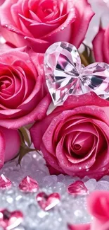Pink roses with a crystal heart mobile wallpaper.
