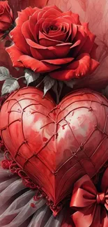 Romantic red rose with heart design wallpaper.