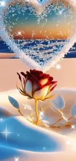 Red rose on a sandy beach with water heart above.