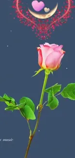 Pink rose with heart design on a blue background.