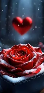 Red rose with snowy heart design wallpaper.