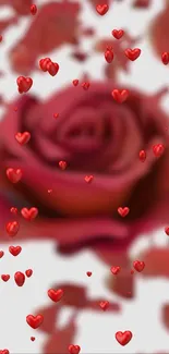 Romantic rose surrounded by floating red hearts wallpaper.