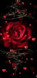 Romantic wallpaper with a red rose and heart accents on a black background.