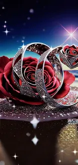 Romantic mobile wallpaper with a rose and sparkling rings.