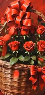 Basket of vibrant red roses with bows.